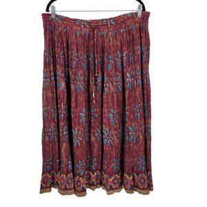 Vintage Petite Midi Skirt XLP Maroon Crinkle Cotton Floral‎ India Boho Gypsy